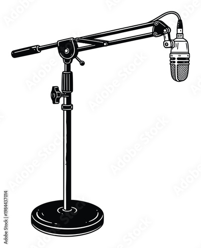 Professional condenser microphone with boom arm on a sturdy desk stand, ideal for podcasting, voiceovers, radio broadcasting, and studio recording equipment needs