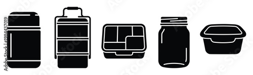 Collection of various reusable food and drink containers including thermos, bento box, tiered lunchbox, and glass jar for eco friendly meal prep and healthy eating habits.