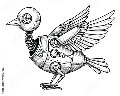Intricate steampunk robotic bird with mechanical wings and gears, ideal for technology history themes, science fiction narratives, or unique industrial design applications