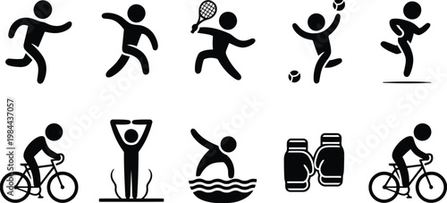 Black silhouette icons depicting various athletic and recreational activities