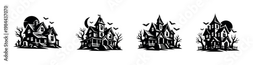 Haunted house silhouettes with bats and moon, halloween vector element illustrations