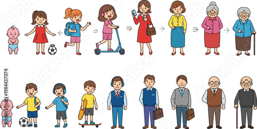 Human life stages vector set showing growth from baby to elderly with male and female characters development timeline isolated on white background illustration