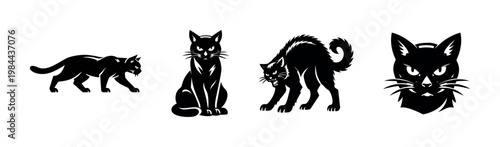 Black and white silhouette illustrations of cats, feline vector art featuring various cat poses
