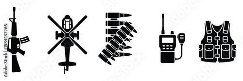 Essential military equipment set featuring an assault rifle, attack helicopter, ammunition belt, twoway radio, and tactical vest, perfect for security and defense infographics and