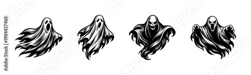 Spooky ghosts illustration set, four black and white ghostly figures, halloween vector art
