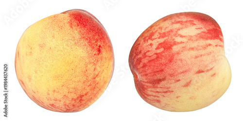 Two ripe peaches isolated on white background, different sides view. File Contains Clipping Path.