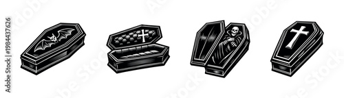 Gothic coffin illustrations featuring bat skeleton and cross designs black and white vector elements
