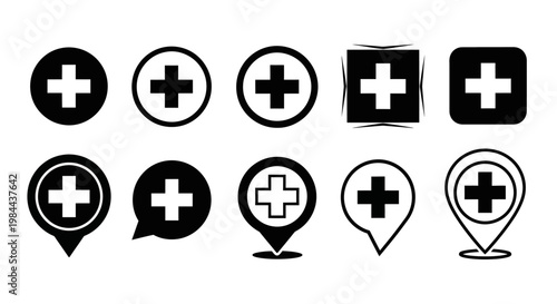 Set of Medical Cross Icons Representing Healthcare, First Aid, and Medical Assistance Services