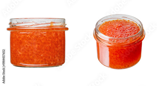 Red caviar in glass jars isolated on white background, salmon roe gourmet seafood delicacy