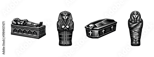 Ancient egyptian and medieval burial coffin, sarcophagus, tomb, vector illustration, black and white