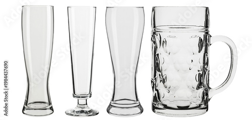 Set of empty beer glasses and glass mug isolated on white background.