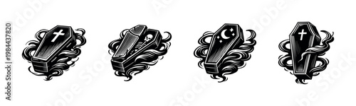 Coffin illustrations with decorative elements, gothic art, vector, black and white, set of four designs