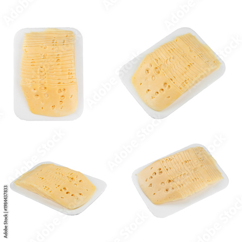Sliced cheese on plastic tray isolated on white background, semi hard cheese slices packaging set. File contains clipping path.