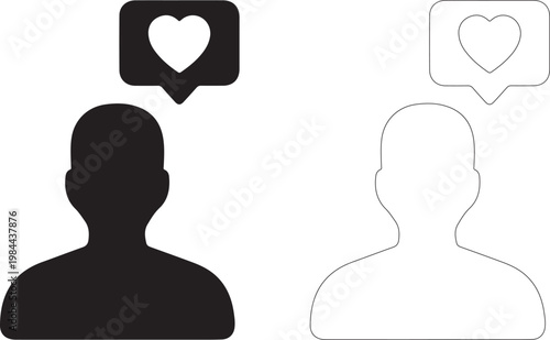 Two user profile icons with heart speech bubbles on white background