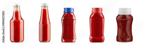Tomato ketchup bottles set isolated on white background, glass and plastic packaging collection