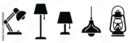 Collection of diverse black silhouette lamps including desk, floor, table, pendant, and lantern designs, perfect for representing lighting solutions and interior decor concepts