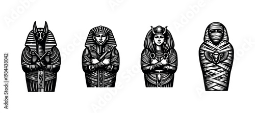 Ancient egyptian figures, black and white illustrations, pharaonic and mythological designs