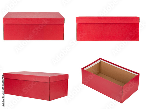 Red gift box set isolated on white background, cardboard packaging with lid open and closed