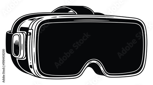A minimalist black and white virtual reality headset depicting immersive digital entertainment and futuristic technology for gaming applications and modern interactive media.
