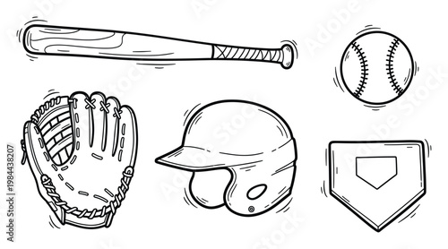 Hand drawn collection of essential baseball equipment featuring a bat glove helmet ball and home plate ideal for sports themed marketing materials and educational resources