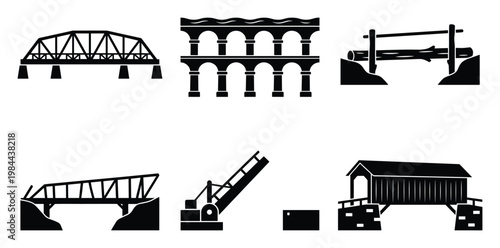 Collection of diverse bridge types including truss, aqueduct, log, drawbridge, and covered structures, representing different engineering and architectural designs for transportation and