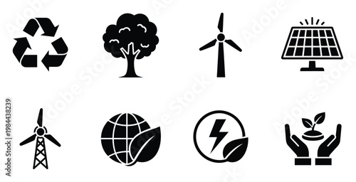 Collection of environmental conservation icons representing recycling renewable energy sources like wind and solar power as essential elements for a sustainable green planet future.