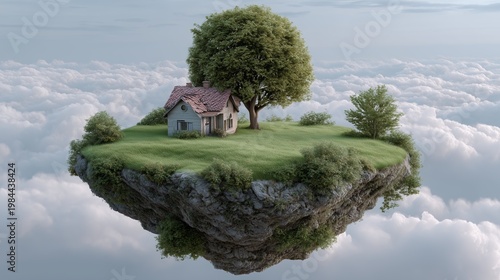 Floating island house with tree hovers among white clouds above sky. AI generated.