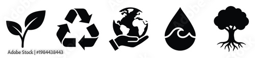 Environment protection and nature conservation icon set symbolizing sustainable living, eco friendly awareness, earth health, and resource preservation for environmental projects