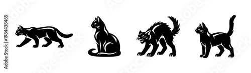 Bilde på lerret Black and white cat silhouettes vector illustration featuring sitting growling a