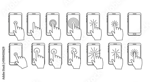 Collection of icons depicting various touch gestures on a smartphone screen, including taps and swipes