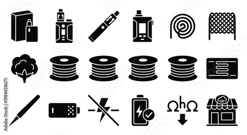 Comprehensive set of vaping equipment and ecigarette accessories icons for modern lifestyle websites, mobile applications, and informational graphic designs