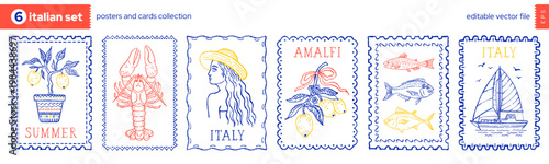 Summer stamp from Italy. Mediterranean Italian postage frame. Coastal Amalfi vacation bg. Vintage beach pattern. Doodle hand drawn Italian stamp. Mediterranean sea frame. Lemon beach lobster sea food