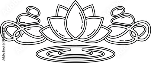 Outline lotus flower with water ripples and zen stones icon for spa or, line art