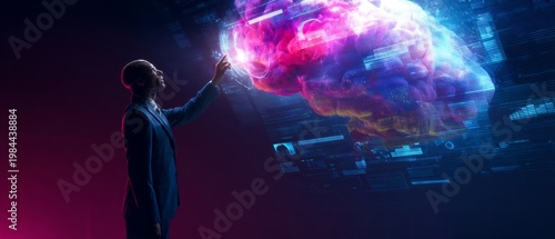 Innovative insights: the emergence of general ai in modern enterprises. Professional look. A subtle glimpse into agi: businessman with a softly illuminated brain icon. Creative concept.