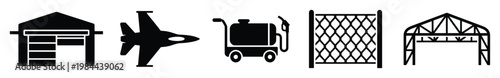 A comprehensive set of airport and industrial facility silhouette icons featuring a jet aircraft, hangars, fuel cart, and security fence, ideal for logistics or military graphics