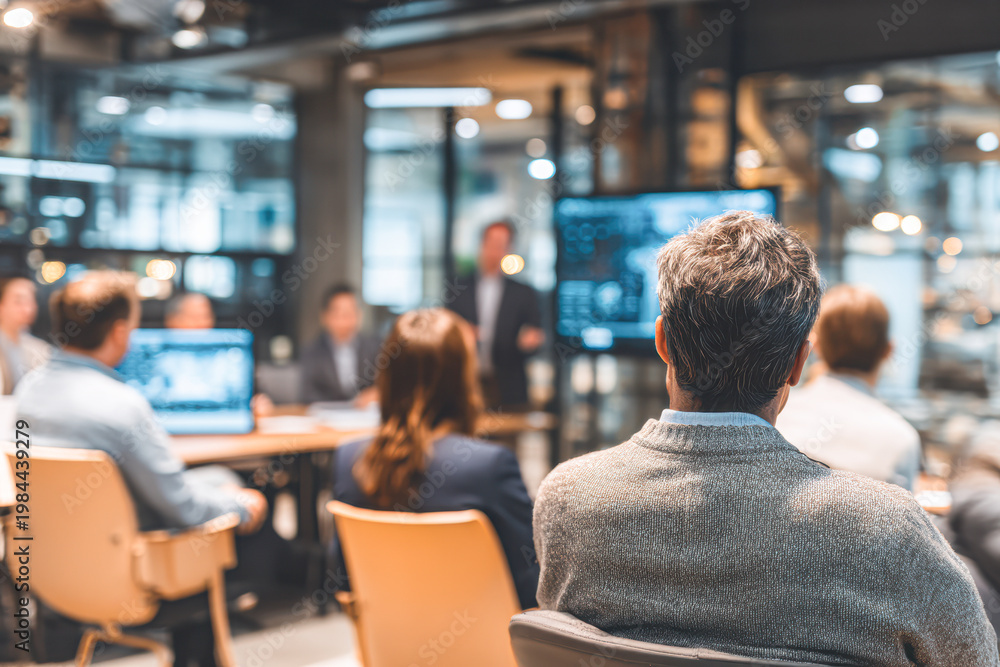 Fototapeta premium People attending a business meeting or presentation in a modern office setting with a focus on teamwork and collaboration.