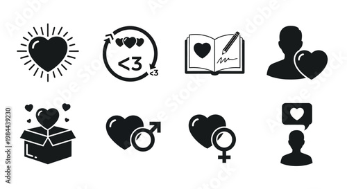 Collection of Heart-Shaped Icons Symbolizing Love, Relationships, and Affection