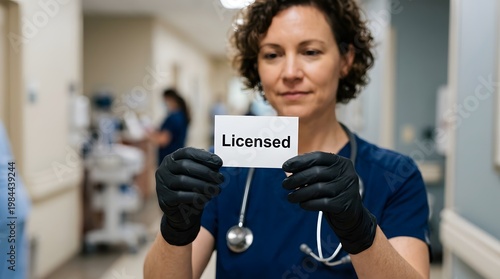 Healthcare professional holding licensed card certification medical doctor approval concept hospital staff qualification trust and credibility