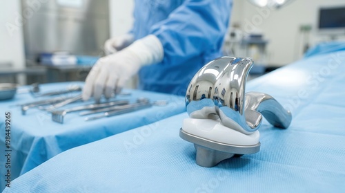 Medical professional preparing orthopedic knee replacement implant components in an operating room.