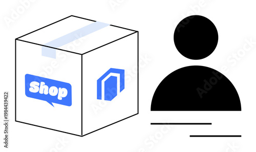 E-commerce, shipping services, user profiles, consumer connection, online retail, package tracking. A package box with shop label next to a user icon. E-commerce and shipping services concept