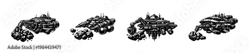 Futuristic spacecraft designs with mechanical arms and structures, black and white vector illustration