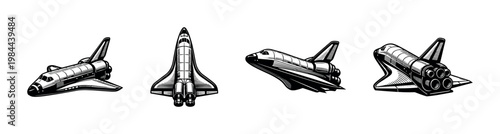 Set of space shuttle illustrations, aerospace vehicle, black and white vector, vintage style, spacecraft design