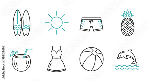 Summer Vacation Icons Featuring Surfboards, Sun, Shorts, Pineapple, Coconut Drink, Dress, Beach Ball, and Dolphin