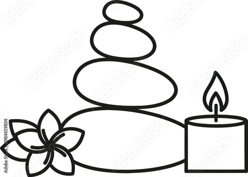 Spa and zen elements outline icon with stacked stones lit candle flower