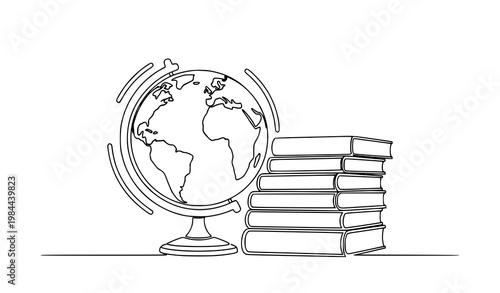 Single line earth globe with stacked books minimalist education concept continuous line vector illustration