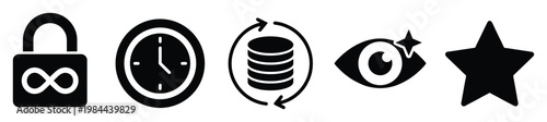 Secure time management and endless financial transaction icons representing visionary insight and premium quality, perfect for modern business infographics, applications, and digital