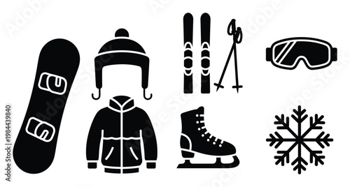 Comprehensive collection of winter sports equipment and cold weather clothing icons for seasonal recreation brochures, event promotions, digital media, and informational graphics.