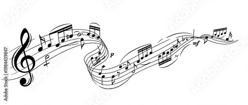 Flowing musical notes and treble clef on staff isolated on white background with elegant composition