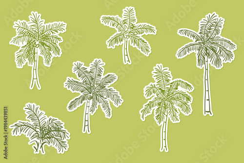 Set of hand drawn green palm tree stickers with white borders on a lime background. This tropical illustration is perfect for summer planners, travel scrapbooking, and exotic vacation designs.