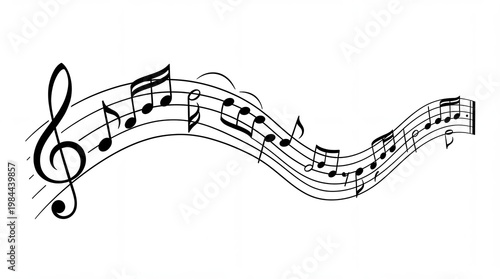 Flowing musical notes and treble clef on staff isolated on white background with elegant composition